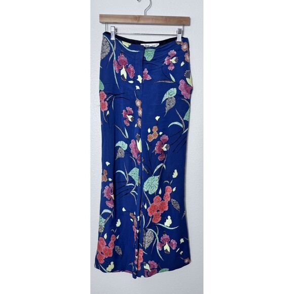 Diane von Furstenberg Silk Blend Wide Leg Trousers Floral Printed Blue Size 6 - Picture 6 of 9